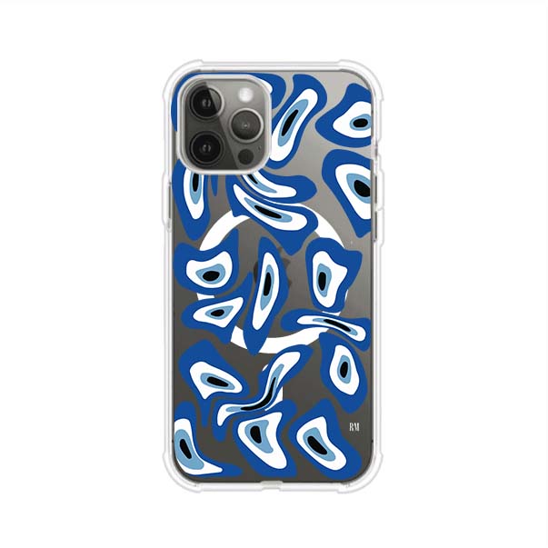 Funda para iPhone con diseño de ojos turcos en tonos azul y blanco, símbolo de protección.
iPhone case featuring Turkish evil eye pattern in blue and white, symbol of protection