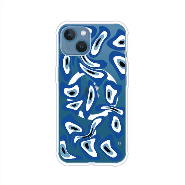 Funda para iPhone con diseño de ojos turcos en tonos azul y blanco, símbolo de protección.
iPhone case featuring Turkish evil eye pattern in blue and white, symbol of protection