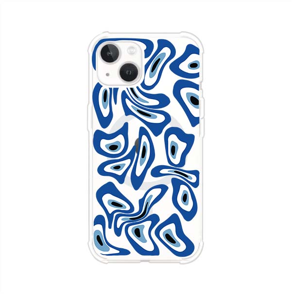 Funda para iPhone con diseño de ojos turcos en tonos azul y blanco, símbolo de protección.
iPhone case featuring Turkish evil eye pattern in blue and white, symbol of protection