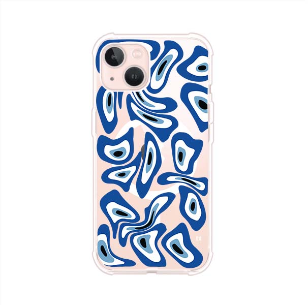 Funda para iPhone con diseño de ojos turcos en tonos azul y blanco, símbolo de protección.
iPhone case featuring Turkish evil eye pattern in blue and white, symbol of protection