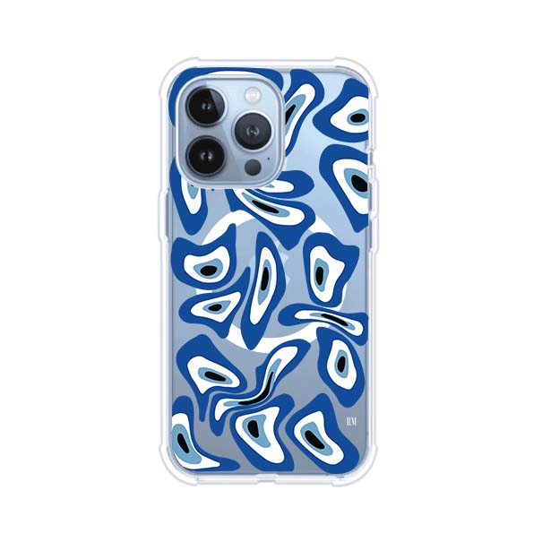 Funda para iPhone con diseño de ojos turcos en tonos azul y blanco, símbolo de protección.
iPhone case featuring Turkish evil eye pattern in blue and white, symbol of protection
