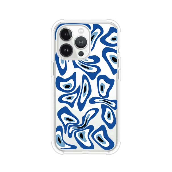 Funda para iPhone con diseño de ojos turcos en tonos azul y blanco, símbolo de protección.
iPhone case featuring Turkish evil eye pattern in blue and white, symbol of protection