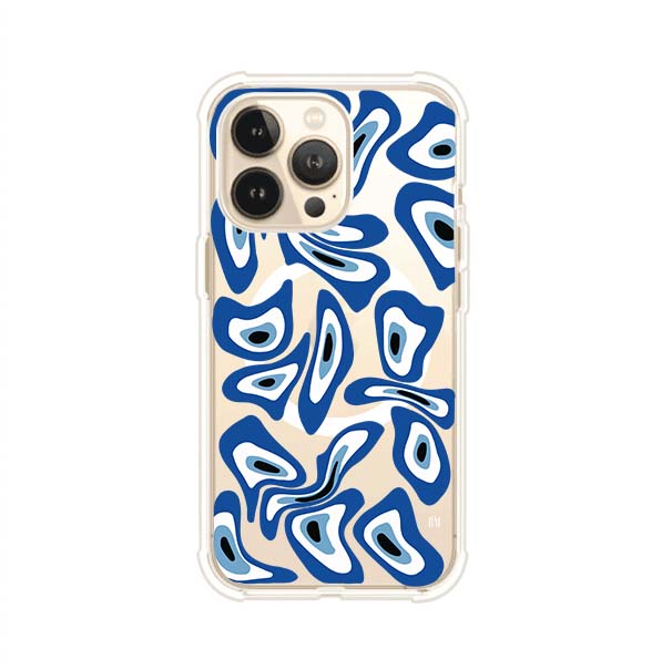 Funda para iPhone con diseño de ojos turcos en tonos azul y blanco, símbolo de protección.
iPhone case featuring Turkish evil eye pattern in blue and white, symbol of protection