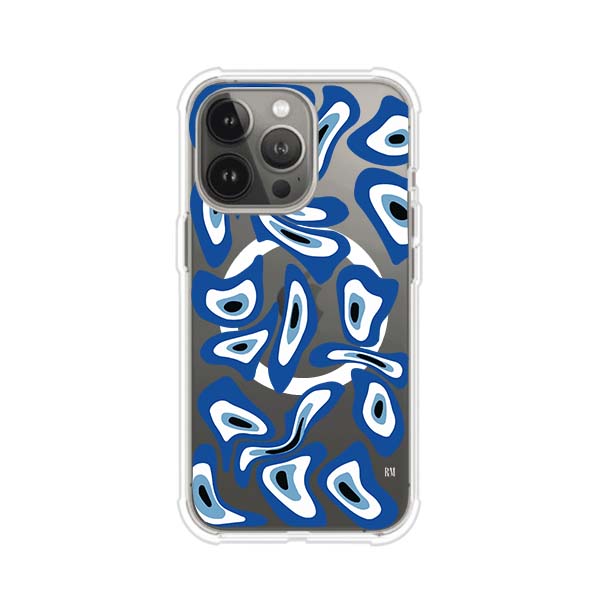 Funda para iPhone con diseño de ojos turcos en tonos azul y blanco, símbolo de protección.
iPhone case featuring Turkish evil eye pattern in blue and white, symbol of protection
