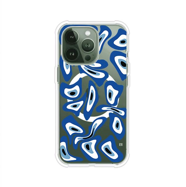 Funda para iPhone con diseño de ojos turcos en tonos azul y blanco, símbolo de protección.
iPhone case featuring Turkish evil eye pattern in blue and white, symbol of protection