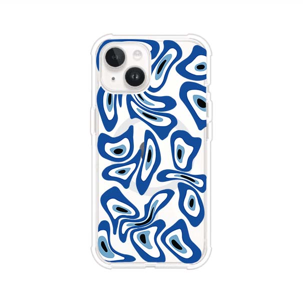Funda para iPhone con diseño de ojos turcos en tonos azul y blanco, símbolo de protección.
iPhone case featuring Turkish evil eye pattern in blue and white, symbol of protection