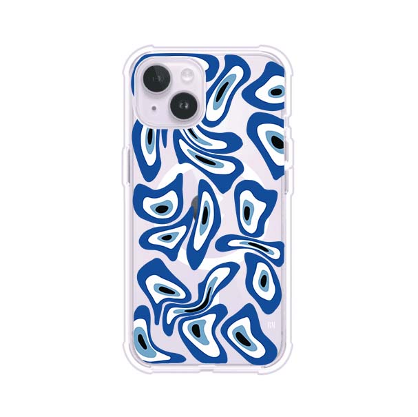 Funda para iPhone con diseño de ojos turcos en tonos azul y blanco, símbolo de protección.
iPhone case featuring Turkish evil eye pattern in blue and white, symbol of protection