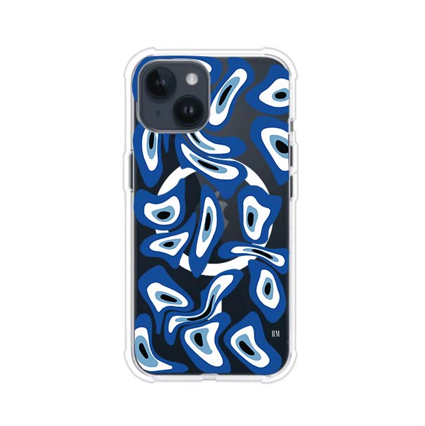 Funda para iPhone con diseño de ojos turcos en tonos azul y blanco, símbolo de protección.
iPhone case featuring Turkish evil eye pattern in blue and white, symbol of protection