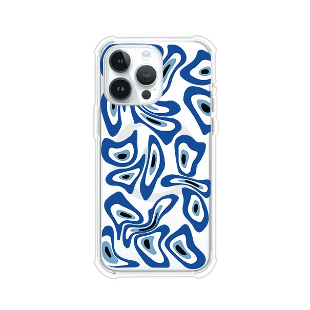 Funda para iPhone con diseño de ojos turcos en tonos azul y blanco, símbolo de protección.
iPhone case featuring Turkish evil eye pattern in blue and white, symbol of protection