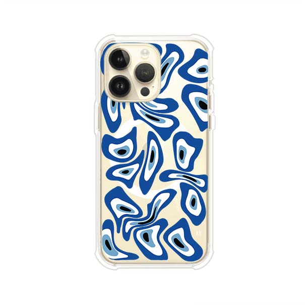 Funda para iPhone con diseño de ojos turcos en tonos azul y blanco, símbolo de protección.
iPhone case featuring Turkish evil eye pattern in blue and white, symbol of protection