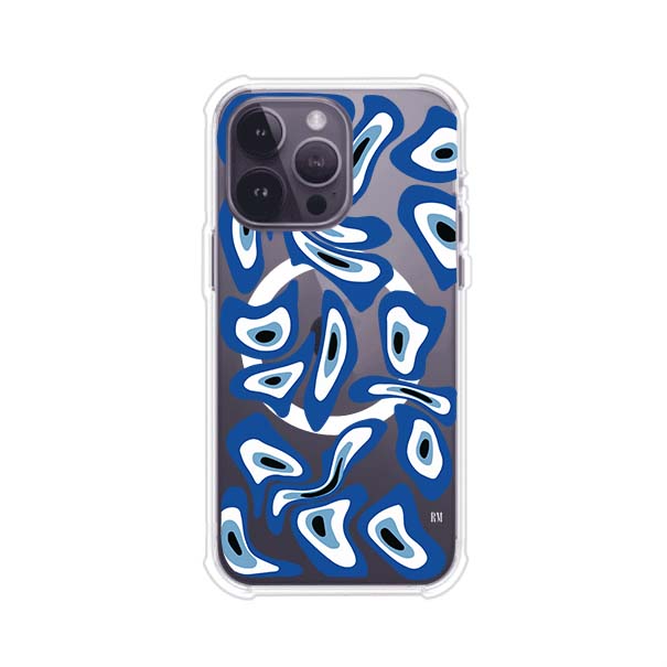 Funda para iPhone con diseño de ojos turcos en tonos azul y blanco, símbolo de protección.
iPhone case featuring Turkish evil eye pattern in blue and white, symbol of protection