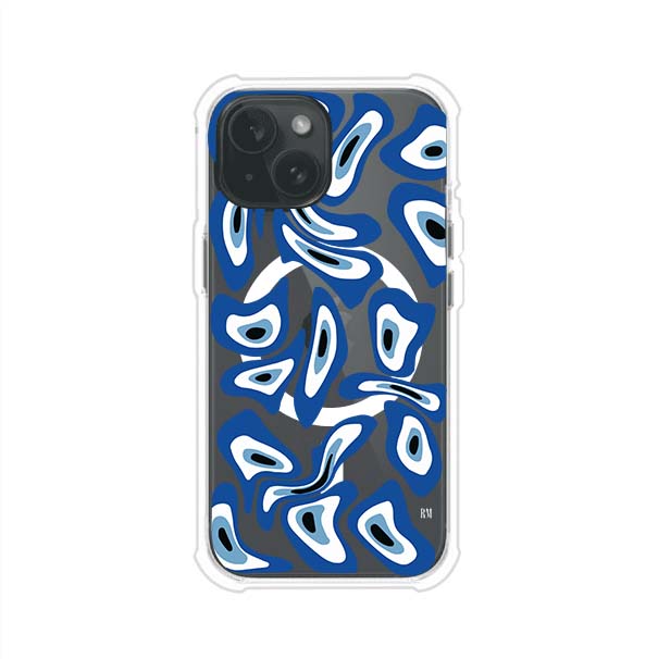 Funda para iPhone con diseño de ojos turcos en tonos azul y blanco, símbolo de protección.
iPhone case featuring Turkish evil eye pattern in blue and white, symbol of protection