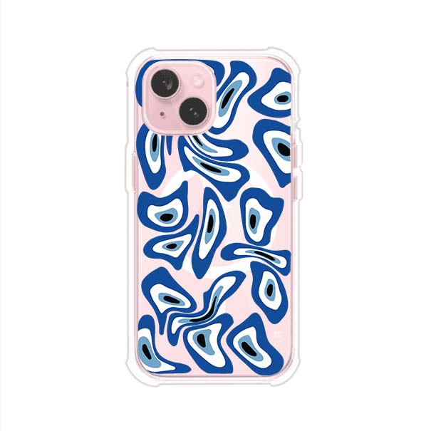 Funda para iPhone con diseño de ojos turcos en tonos azul y blanco, símbolo de protección.
iPhone case featuring Turkish evil eye pattern in blue and white, symbol of protection