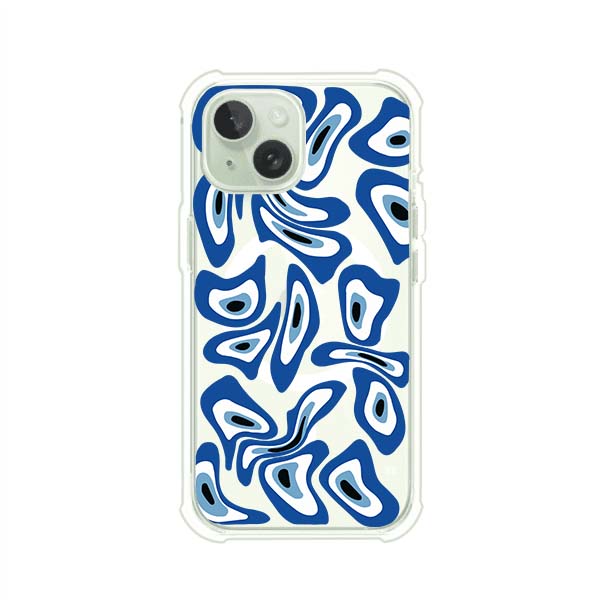 Funda para iPhone con diseño de ojos turcos en tonos azul y blanco, símbolo de protección.
iPhone case featuring Turkish evil eye pattern in blue and white, symbol of protection