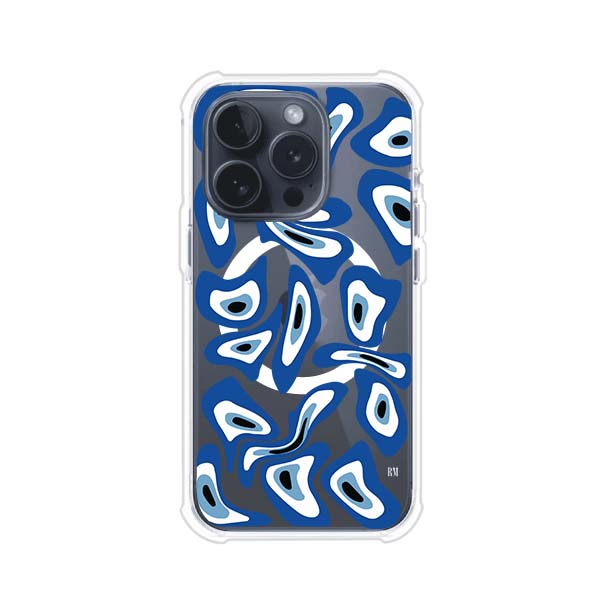 Funda para iPhone con diseño de ojos turcos en tonos azul y blanco, símbolo de protección.
iPhone case featuring Turkish evil eye pattern in blue and white, symbol of protection