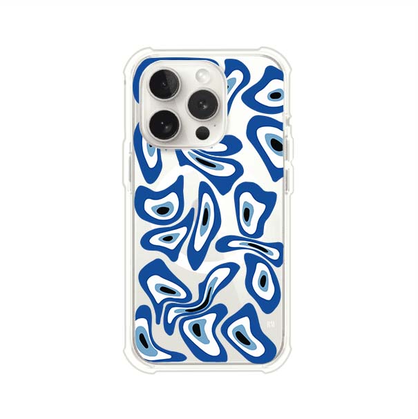 Funda para iPhone con diseño de ojos turcos en tonos azul y blanco, símbolo de protección.
iPhone case featuring Turkish evil eye pattern in blue and white, symbol of protection