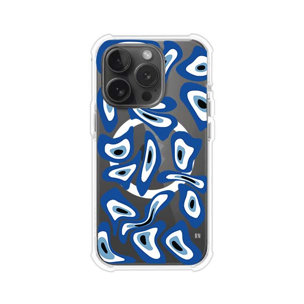Funda para iPhone con diseño de ojos turcos en tonos azul y blanco, símbolo de protección.
iPhone case featuring Turkish evil eye pattern in blue and white, symbol of protection