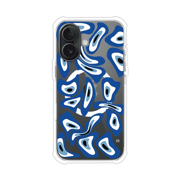 Funda para iPhone con diseño de ojos turcos en tonos azul y blanco, símbolo de protección.
iPhone case featuring Turkish evil eye pattern in blue and white, symbol of protection