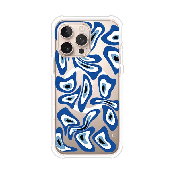 Funda para iPhone con diseño de ojos turcos en tonos azul y blanco, símbolo de protección.
iPhone case featuring Turkish evil eye pattern in blue and white, symbol of protection