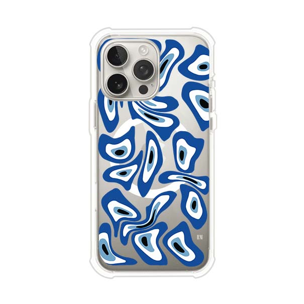 Funda para iPhone con diseño de ojos turcos en tonos azul y blanco, símbolo de protección.
iPhone case featuring Turkish evil eye pattern in blue and white, symbol of protection