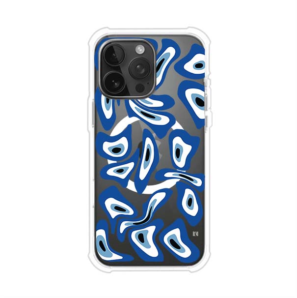 Funda para iPhone con diseño de ojos turcos en tonos azul y blanco, símbolo de protección.
iPhone case featuring Turkish evil eye pattern in blue and white, symbol of protection
