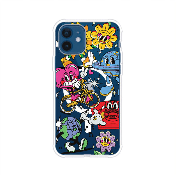 Funda personalizada para iPhone con ilustraciones coloridas de estilo pop art, creada por Nelson Art; diseño con flores, planetas, manos y personajes animados, producto de Remark MX