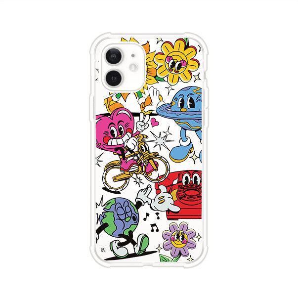 Funda personalizada para iPhone con ilustraciones coloridas de estilo pop art, creada por Nelson Art; diseño con flores, planetas, manos y personajes animados, producto de Remark MX