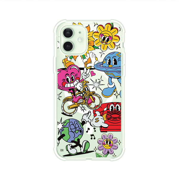 Funda personalizada para iPhone con ilustraciones coloridas de estilo pop art, creada por Nelson Art; diseño con flores, planetas, manos y personajes animados, producto de Remark MX