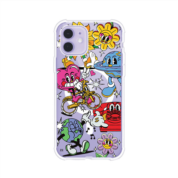 Funda personalizada para iPhone con ilustraciones coloridas de estilo pop art, creada por Nelson Art; diseño con flores, planetas, manos y personajes animados, producto de Remark MX
