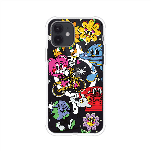 Funda personalizada para iPhone con ilustraciones coloridas de estilo pop art, creada por Nelson Art; diseño con flores, planetas, manos y personajes animados, producto de Remark MX