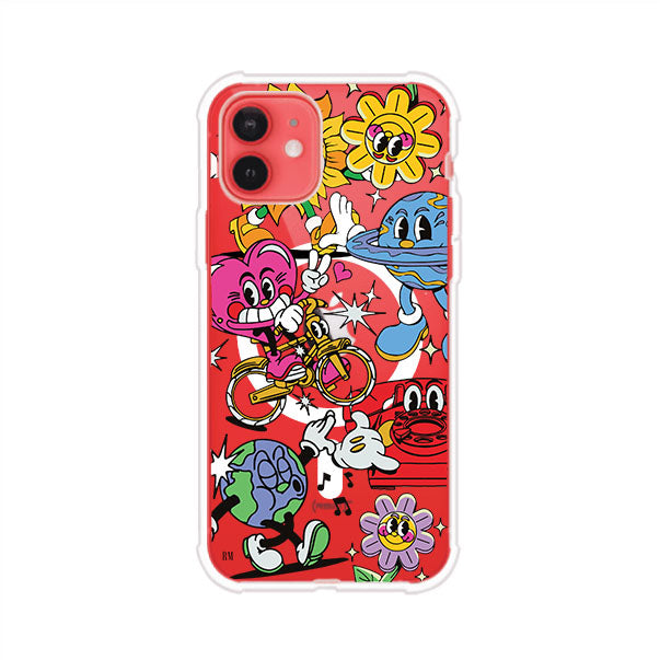Funda personalizada para iPhone con ilustraciones coloridas de estilo pop art, creada por Nelson Art; diseño con flores, planetas, manos y personajes animados, producto de Remark MX