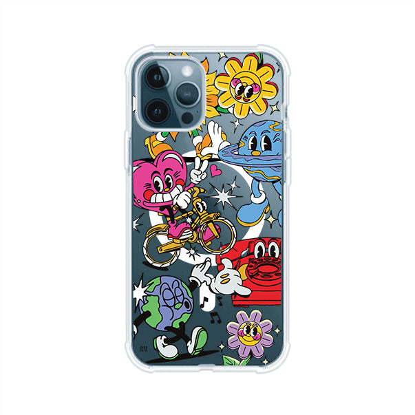 Funda personalizada para iPhone con ilustraciones coloridas de estilo pop art, creada por Nelson Art; diseño con flores, planetas, manos y personajes animados, producto de Remark MX