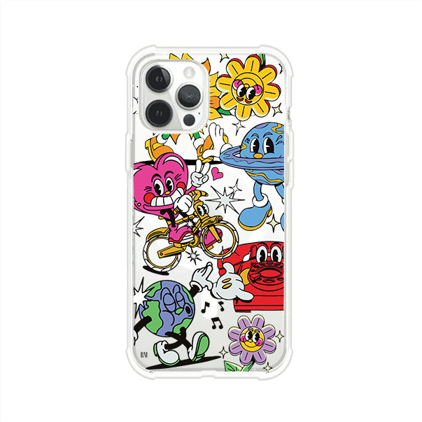 Funda personalizada para iPhone con ilustraciones coloridas de estilo pop art, creada por Nelson Art; diseño con flores, planetas, manos y personajes animados, producto de Remark MX
