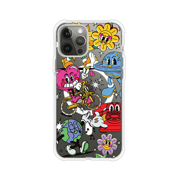 Funda personalizada para iPhone con ilustraciones coloridas de estilo pop art, creada por Nelson Art; diseño con flores, planetas, manos y personajes animados, producto de Remark MX