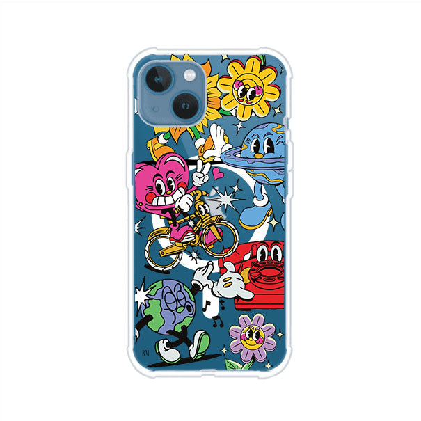 Funda personalizada para iPhone con ilustraciones coloridas de estilo pop art, creada por Nelson Art; diseño con flores, planetas, manos y personajes animados, producto de Remark MX