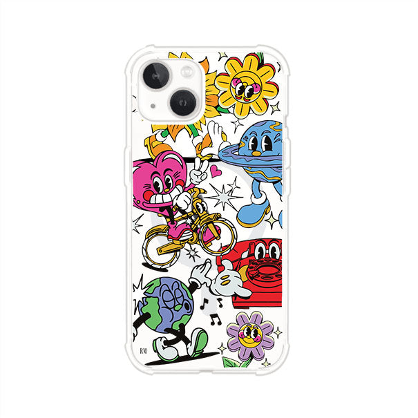 Funda personalizada para iPhone con ilustraciones coloridas de estilo pop art, creada por Nelson Art; diseño con flores, planetas, manos y personajes animados, producto de Remark MX