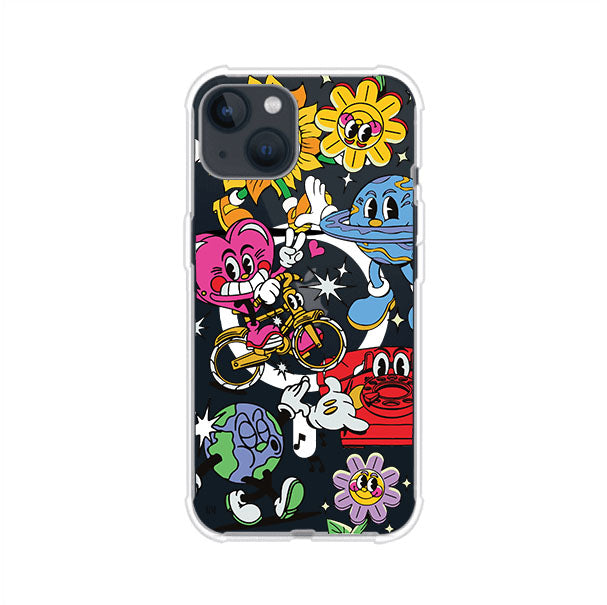 Funda personalizada para iPhone con ilustraciones coloridas de estilo pop art, creada por Nelson Art; diseño con flores, planetas, manos y personajes animados, producto de Remark MX