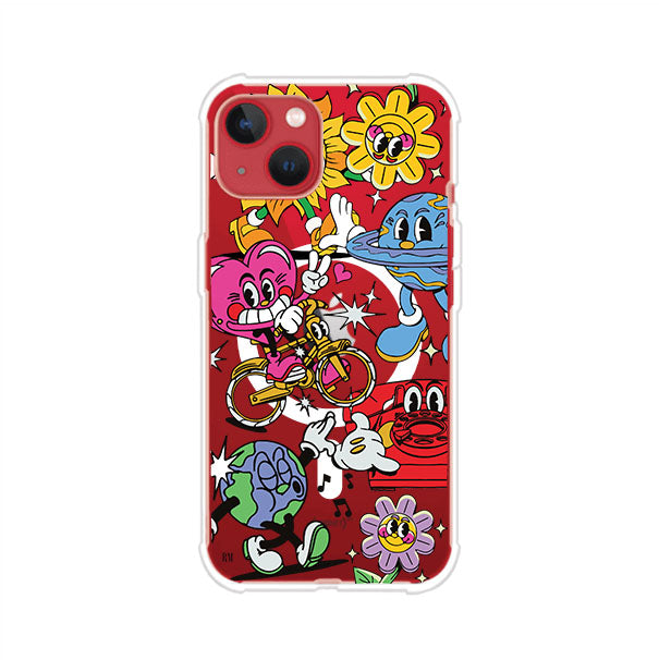 Funda personalizada para iPhone con ilustraciones coloridas de estilo pop art, creada por Nelson Art; diseño con flores, planetas, manos y personajes animados, producto de Remark MX