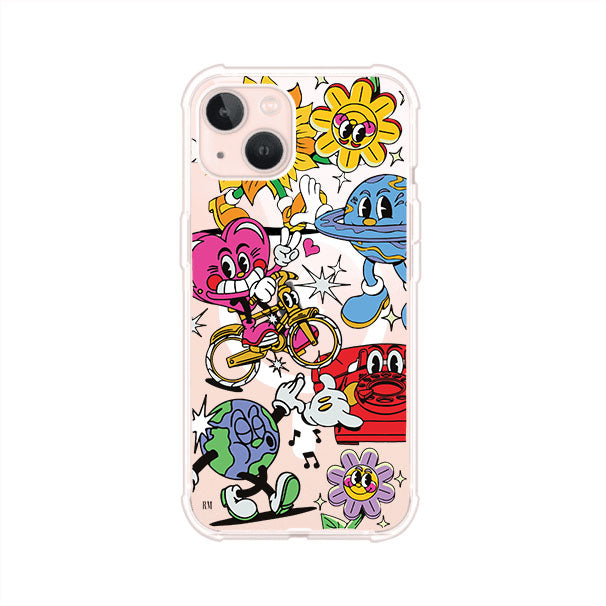 Funda personalizada para iPhone con ilustraciones coloridas de estilo pop art, creada por Nelson Art; diseño con flores, planetas, manos y personajes animados, producto de Remark MX