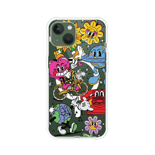 Funda personalizada para iPhone con ilustraciones coloridas de estilo pop art, creada por Nelson Art; diseño con flores, planetas, manos y personajes animados, producto de Remark MX