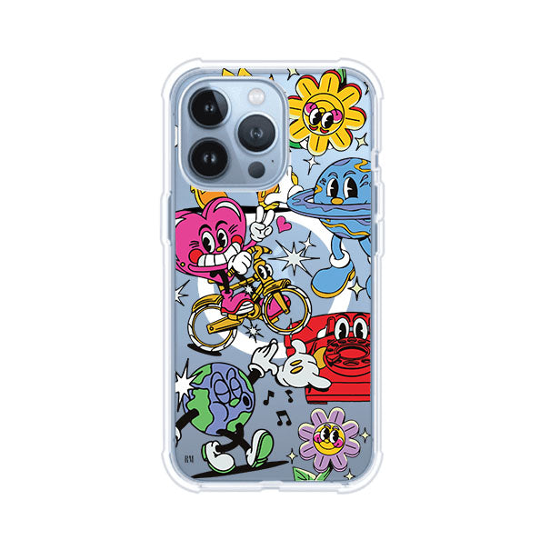 Funda personalizada para iPhone con ilustraciones coloridas de estilo pop art, creada por Nelson Art; diseño con flores, planetas, manos y personajes animados, producto de Remark MX