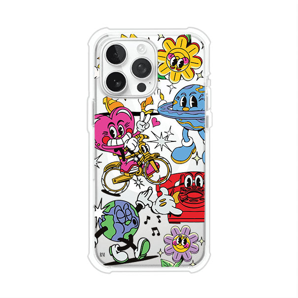 Funda personalizada para iPhone con ilustraciones coloridas de estilo pop art, creada por Nelson Art; diseño con flores, planetas, manos y personajes animados, producto de Remark MX