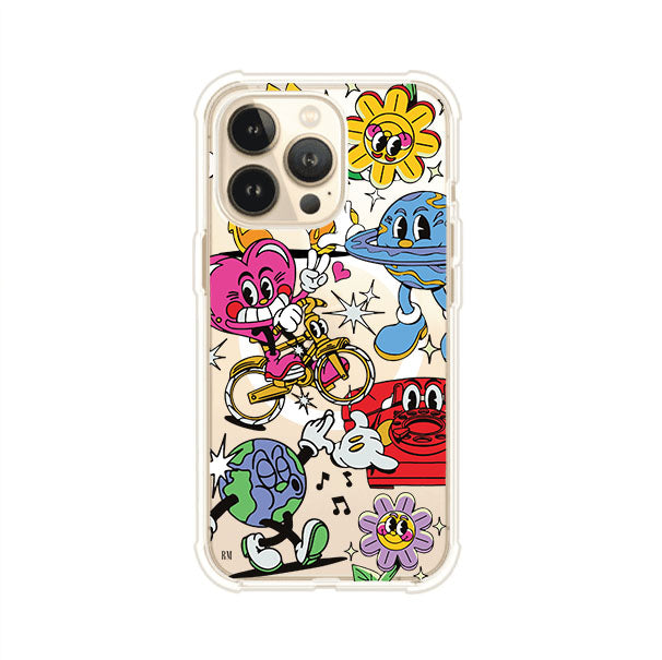 Funda personalizada para iPhone con ilustraciones coloridas de estilo pop art, creada por Nelson Art; diseño con flores, planetas, manos y personajes animados, producto de Remark MX