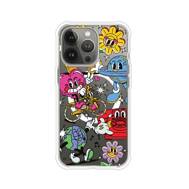 Funda personalizada para iPhone con ilustraciones coloridas de estilo pop art, creada por Nelson Art; diseño con flores, planetas, manos y personajes animados, producto de Remark MX
