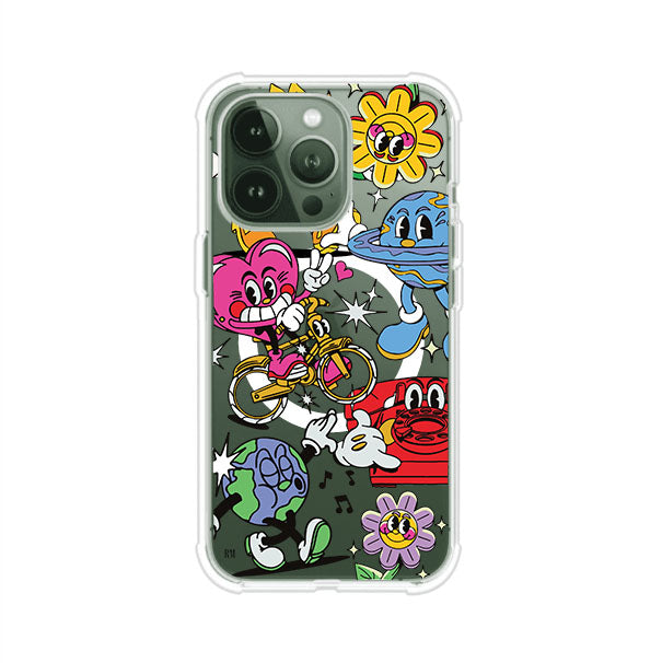 Funda personalizada para iPhone con ilustraciones coloridas de estilo pop art, creada por Nelson Art; diseño con flores, planetas, manos y personajes animados, producto de Remark MX