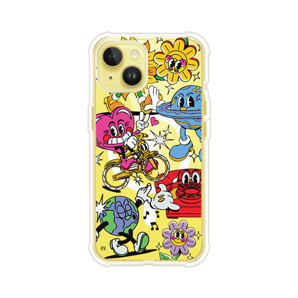 Funda personalizada para iPhone con ilustraciones coloridas de estilo pop art, creada por Nelson Art; diseño con flores, planetas, manos y personajes animados, producto de Remark MX
