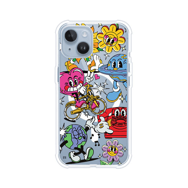 Funda personalizada para iPhone con ilustraciones coloridas de estilo pop art, creada por Nelson Art; diseño con flores, planetas, manos y personajes animados, producto de Remark MX