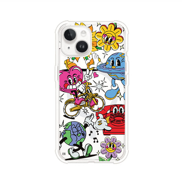 Funda personalizada para iPhone con ilustraciones coloridas de estilo pop art, creada por Nelson Art; diseño con flores, planetas, manos y personajes animados, producto de Remark MX
