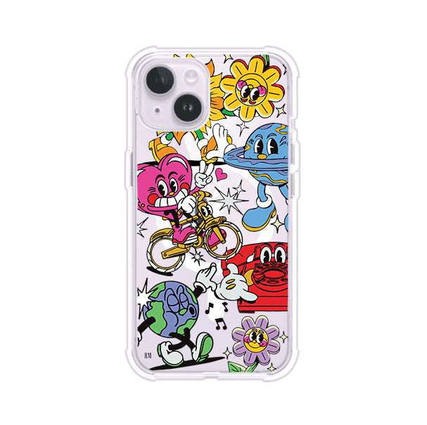 Funda personalizada para iPhone con ilustraciones coloridas de estilo pop art, creada por Nelson Art; diseño con flores, planetas, manos y personajes animados, producto de Remark MX