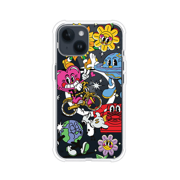 Funda personalizada para iPhone con ilustraciones coloridas de estilo pop art, creada por Nelson Art; diseño con flores, planetas, manos y personajes animados, producto de Remark MX
